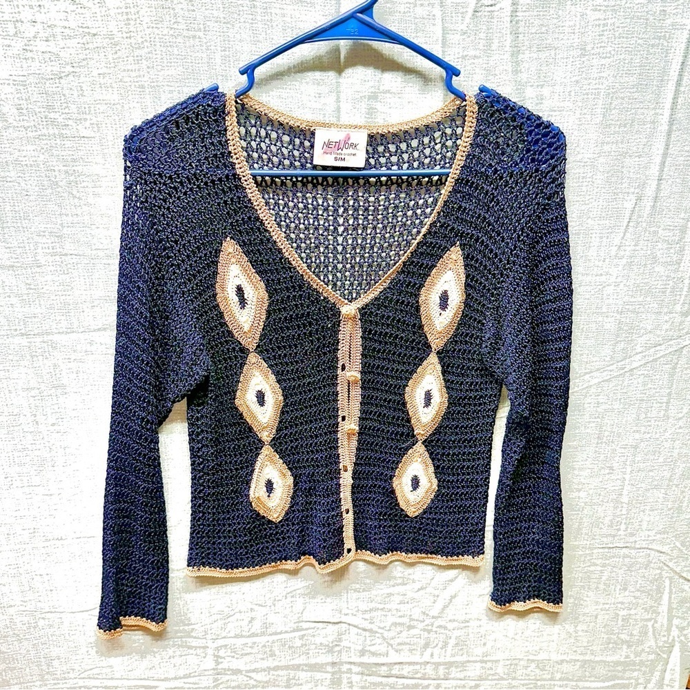 NETWORK Vintage Hand Made Crochet 100% Viscose Navy Blue Tan Cardigan S/M